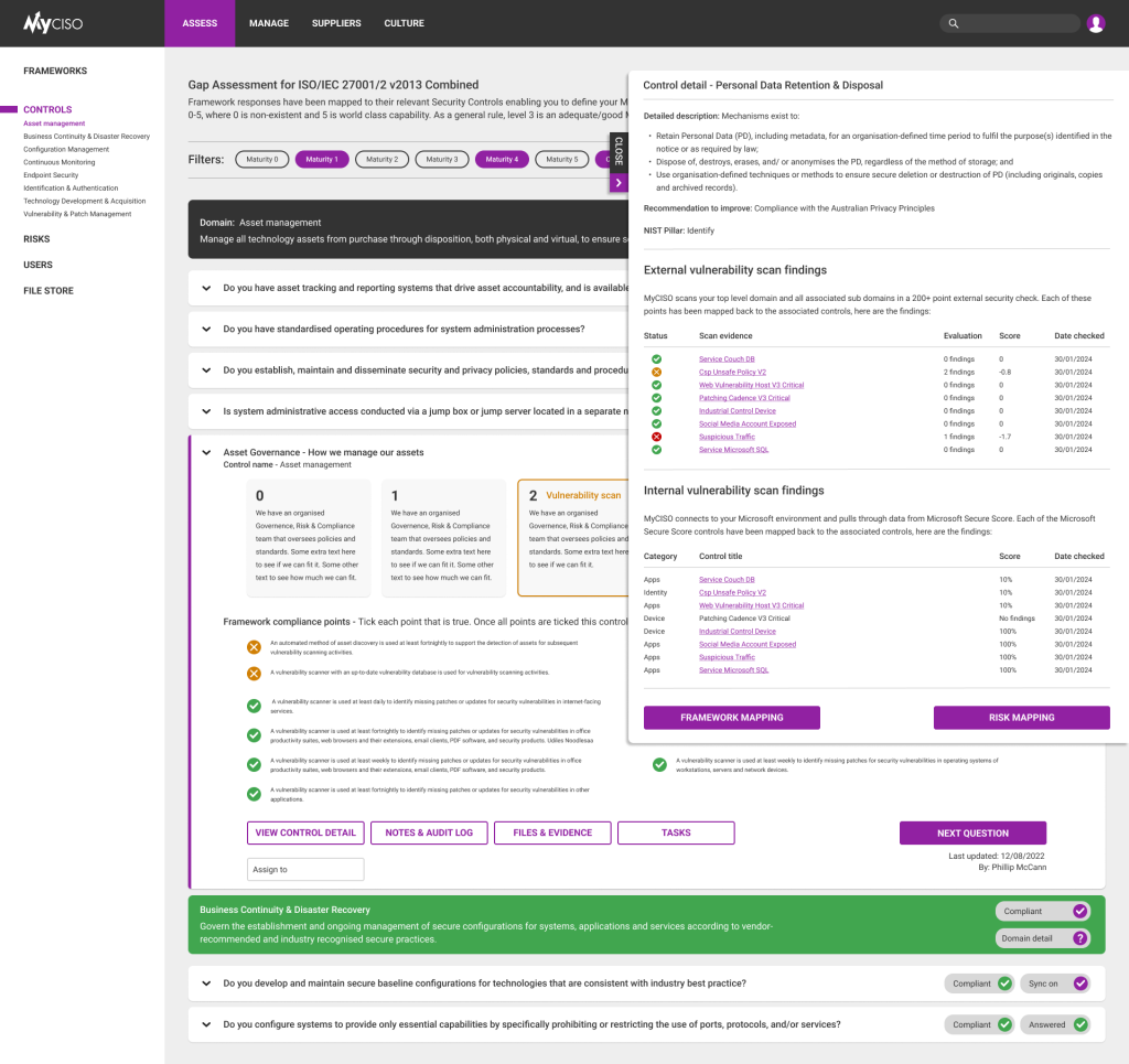 Assess - Control detail, scan findings