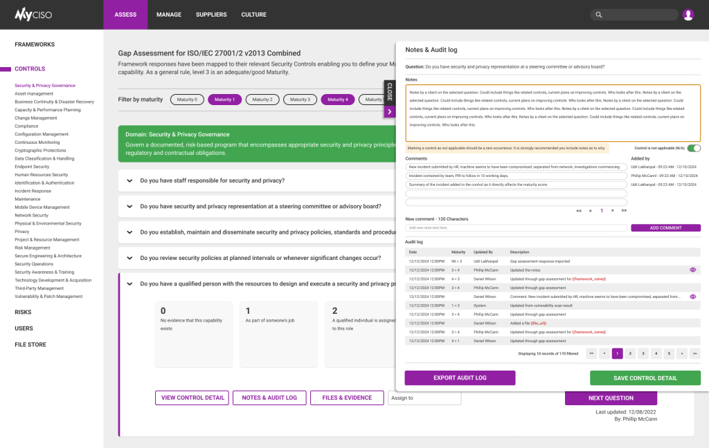Assess - Control notes, comments & Audit