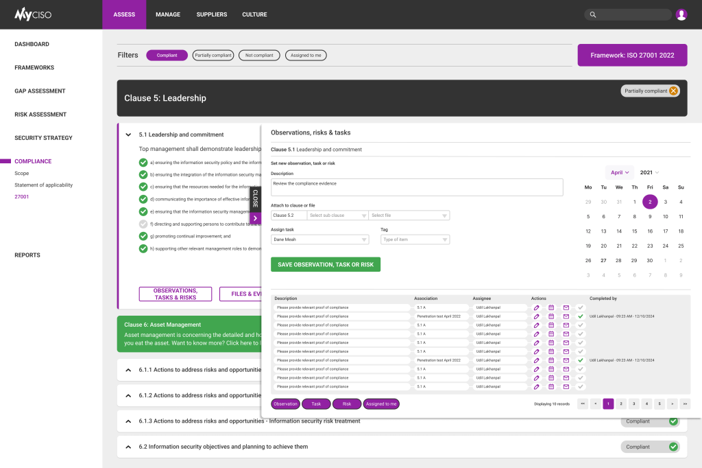 Comply - Clause observations, risks & tasks